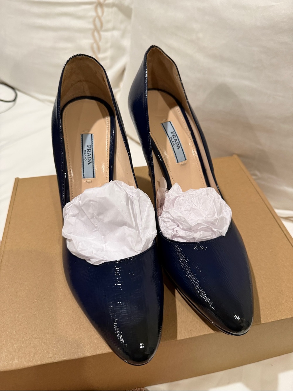 Prada Navy Patent Pointed-Toe Pumps